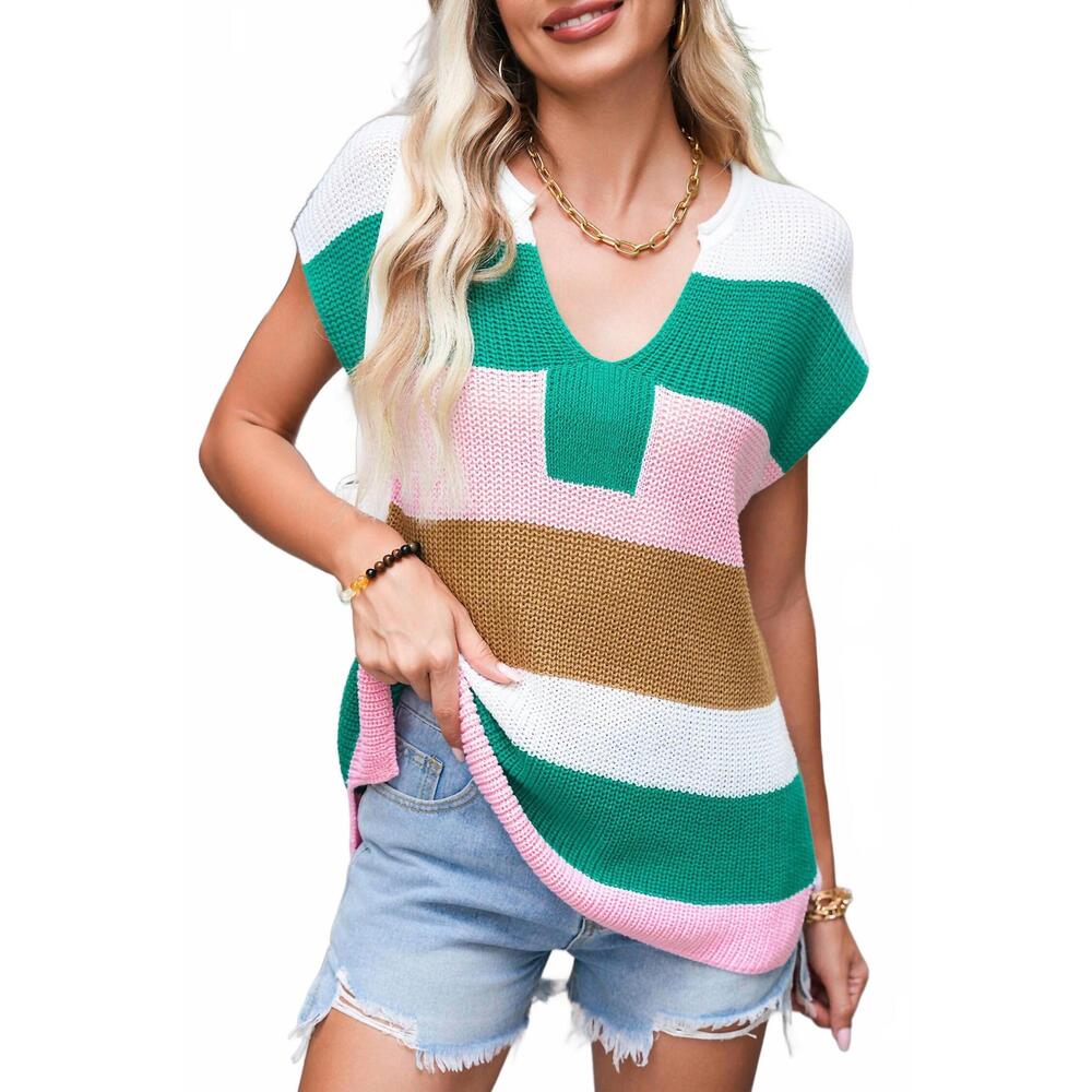 NEW SHEWIN colorblock notch v-neck sweater in green